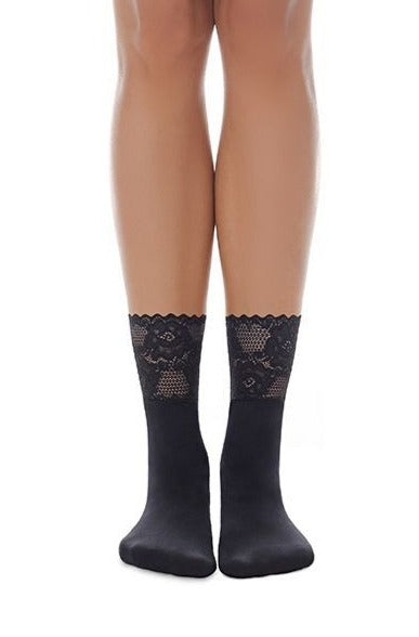 BasBleu Fumi Sock - Black opaque ankle socks with a floral lace deep cuff with silicone.