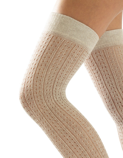 Calzitaly Geometric Over-Knee Socks - Knitted beige over the knee socks with an openwork spotted vertical rib style pattern, plain elasticated cuff and plain toe.