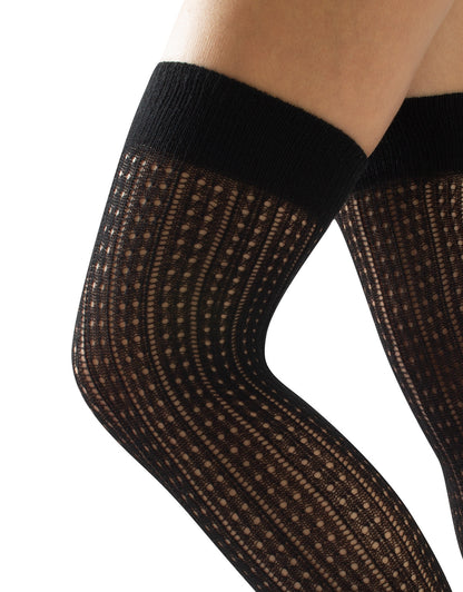 Calzitaly Geometric Over-Knee Socks - Knitted black over the knee socks with an openwork spotted vertical rib style pattern, plain elasticated cuff and plain toe.