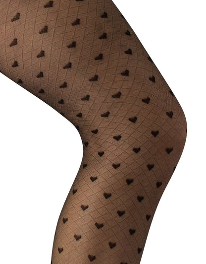 Calzitaly Heart Tights - Sheer black fashion tights with a light diamond fishnet effect with all over hearts pattern, plain opaque boxer brief, deep waistband, flat seams and cotton gusset.