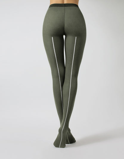 Calzitaly Melange Seam Tights - Dark bottle green opaque fashion tights with a knitted fleck effect, white back seam.