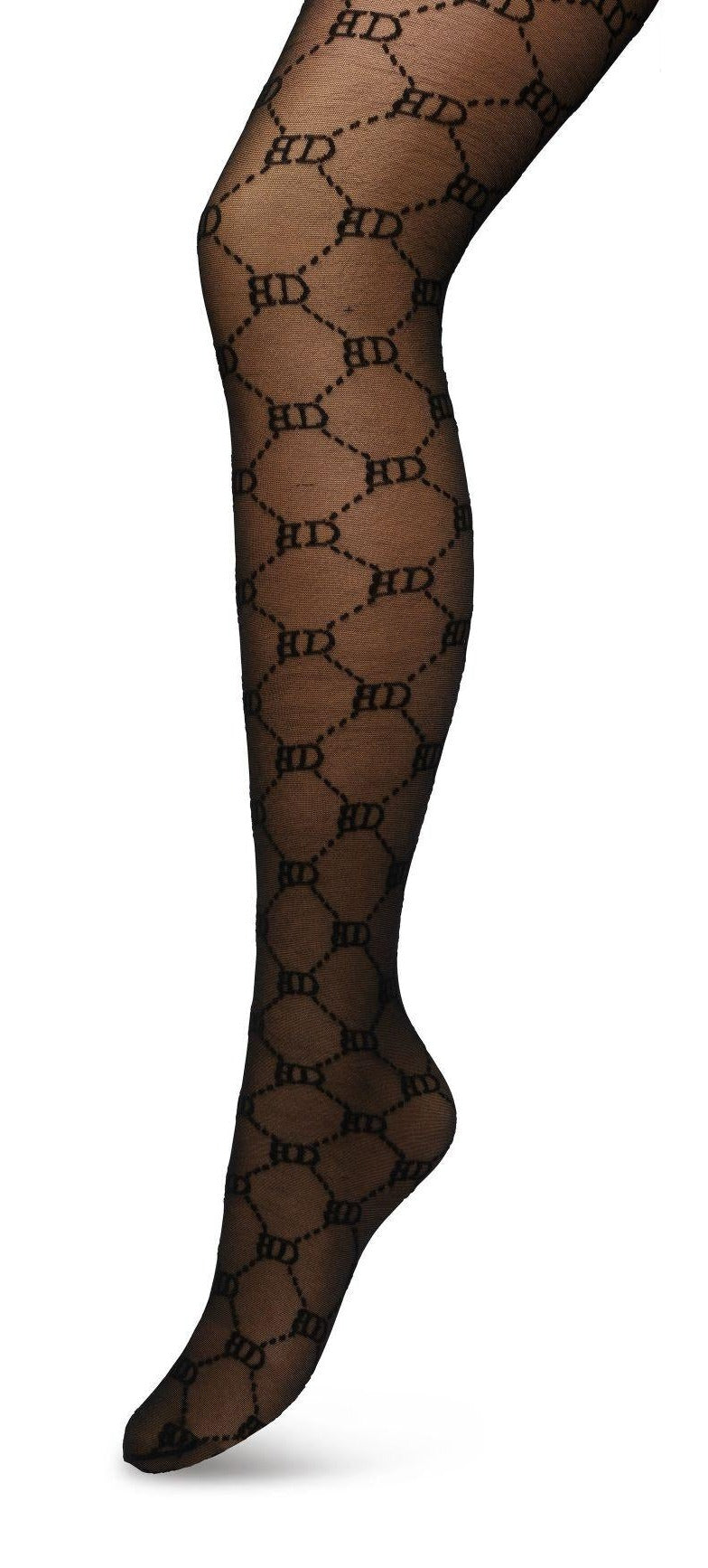 BP221901 Logo Tights - Sheer black Gucci inspired fashion tights with a woven dotted diamond style pattern with BD for Bonnie Doon