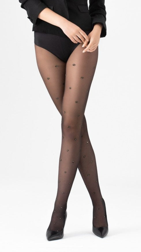 Fiore Confetti Tights - Sheer black fashion tights with a woven sparkly gold polka dot pattern.