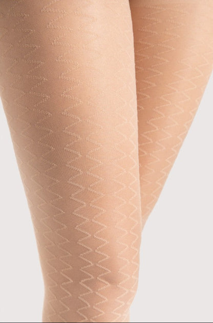 Fiore Step Up Tights - Sheer nude fashion tights with vertical zig-zag striped pattern, sheer body and invisible toe.