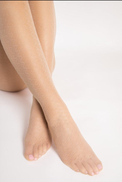 Fiore Step Up Tights - Sheer nude fashion tights with vertical zig-zag striped pattern, sheer body and invisible toe.