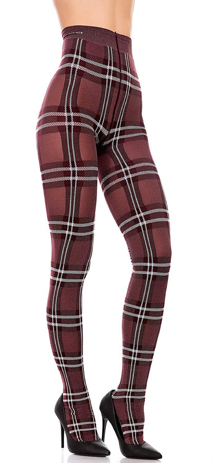 Trasparenze Gutturnio Collant - wine opaque fashion tights with a white woven tartan pattern