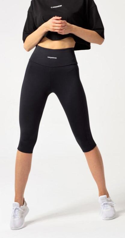 Carpatree Hyperion Tulle Capri Leggings - Black high waisted 3/4 length leggings with mesh panels at the back of the legs.