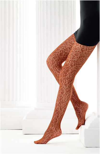 Omero Leomi collant - Soft rusty brown openwork tights with a leopard print pattern with a geometric twist.