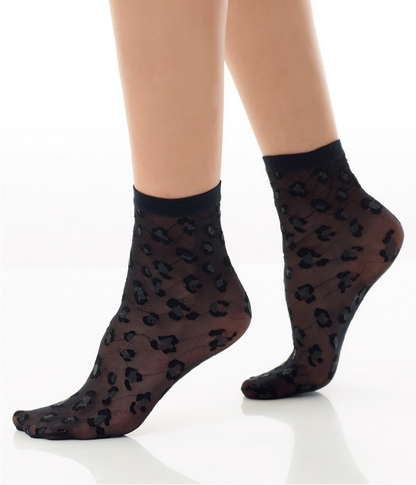 Omero Zuri Calzino - Sheer fashion ankle socks with a woven leopard print style pattern and plain cuff.