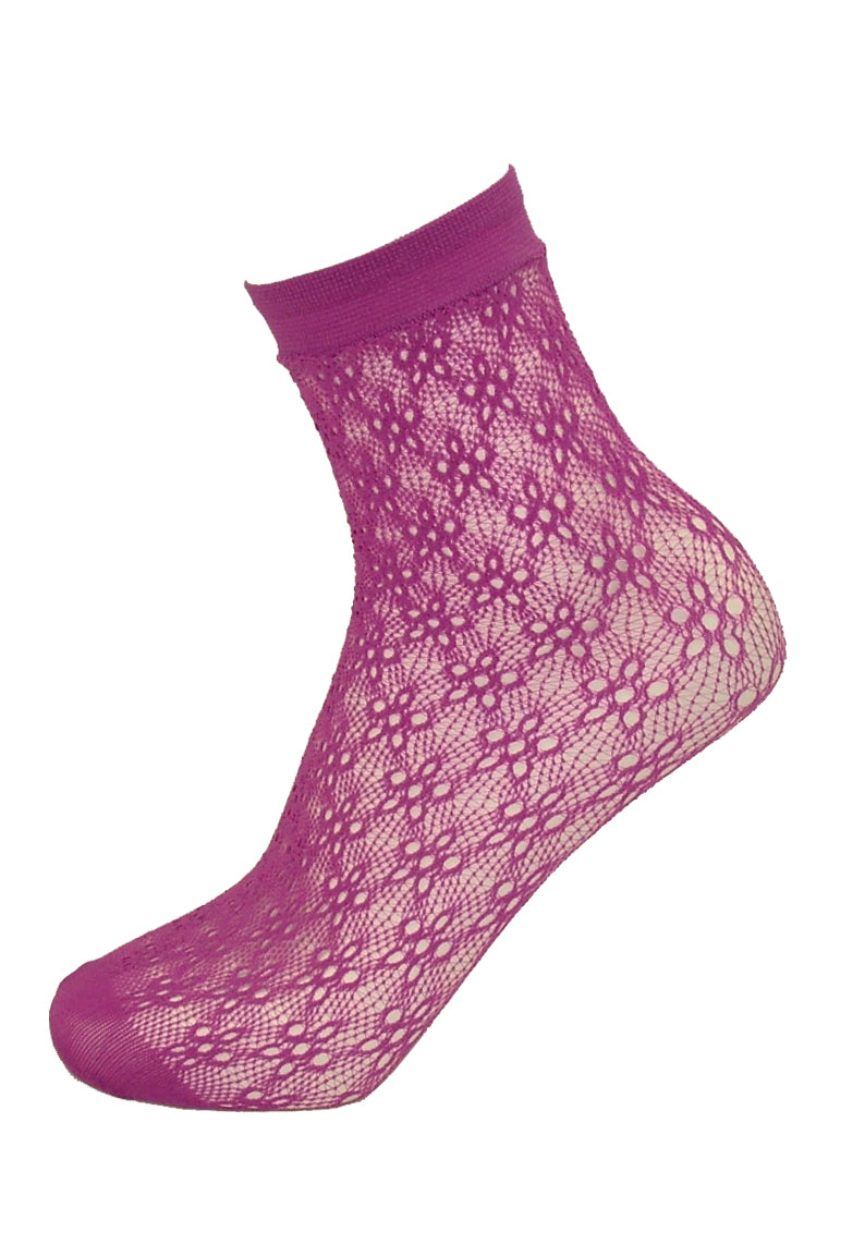 Omsa 3021 Angel Calzino - Pink openwork fishnet fashion ankle sock with a floral design.