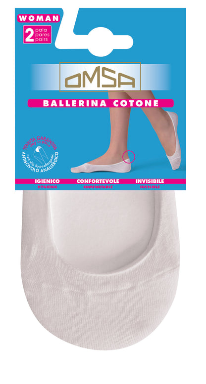 Omsa Salvapiede Ballerina Shoe Liner Sock - Hygienic and breathable light mixed cotton no show invisible shoe liner with silicone free anti-slip protection on the heel and flat toe seams. This style is low on the foot so ideal for wearing with pumps or low on the foot style footwear.