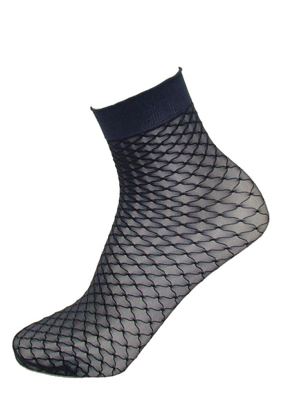 Omsa 3587 Class Calzino - Sheer navy fashion ankle socks with black honeycomb/fishnet pattern and plain cuff