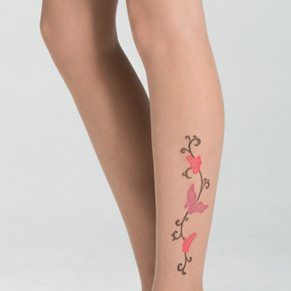 Omsa Cover Collant - Sheer fashion tights with a woven butterfly and swirl tattoo motif in black, pink and purple on the outside of one leg, flat seams, hygienic gusset and invisible toes. Available in black and nude