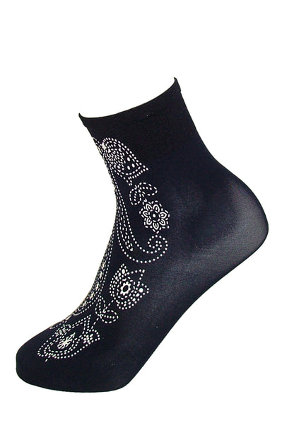 Omsa 3573 Fiore E Perle Calzino - Navy opaque fashion ankle socks with white paisley print pattern