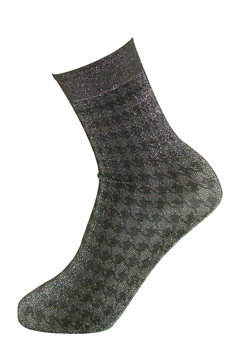 Omsa Music Calzino - Sparkly silver fashion ankle socks with a houndstooth pattern in shades of grey.