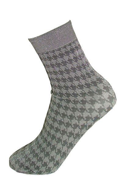 Omsa Music Calzino - Sparkly silver fashion ankle socks with a houndstooth pattern in shades of grey.