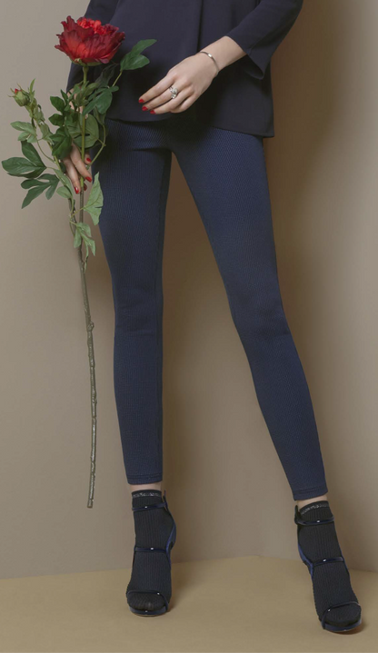 Omsa Private Leggings - Navy stretch trouser leggings (treggings) in navy with a blue dotted pinstripe and rear pockets.