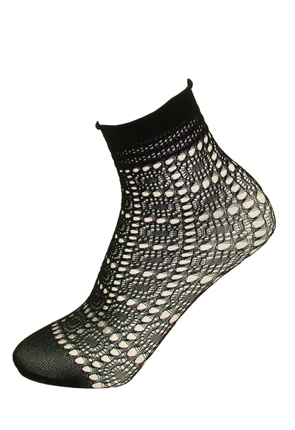 Omsa Sugar Calzino - black openwork crochet style ankle socks with a square and circular lace pattern, hem-less comfort cuff with a frill edge.