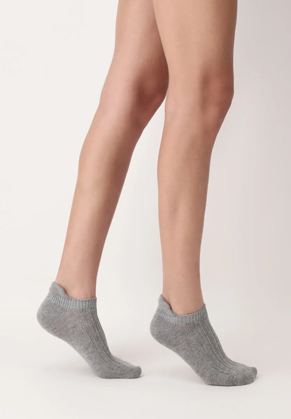 OroblÌ_ Jasmine Sneaker Sock - Ultra soft and warm grey cable ribbed knitted low ankle sock with a touch of alpaca, sparkly silver lurex trim.