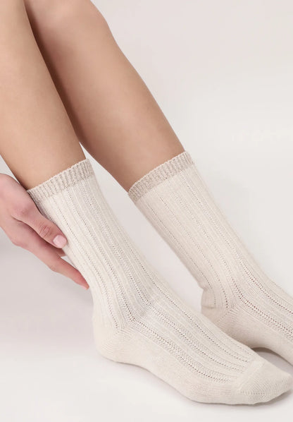 Oroblù Jasmine Sock - Ultra soft and warm ivory cream thermal cable ribbed knitted ankle socks with a touch of alpaca, sparkly gold lurex cuff.