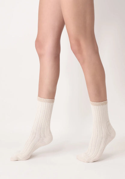 OroblÌ_ Jasmine Sock - Ultra soft and warm ivory cream thermal cable ribbed knitted ankle socks with a touch of alpaca, sparkly gold lurex cuff.