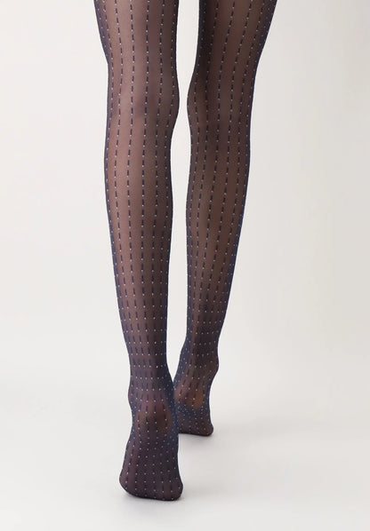 Oroblù Point Line Collant - Sheer navy fashion tights with a white vertical dotted dashed pin striped pattern and deep comfort waistband.