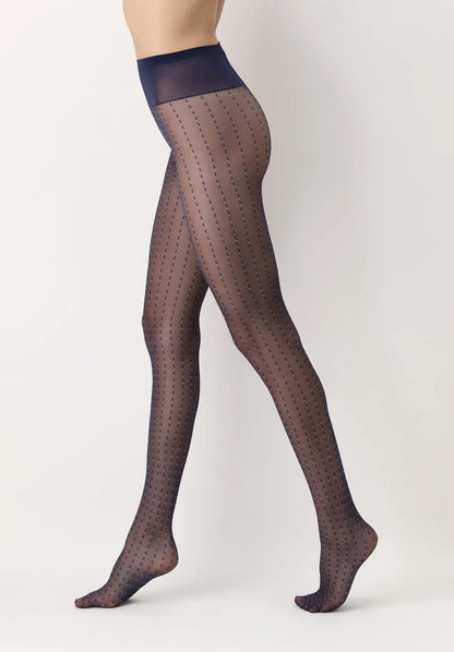 Oroblù Point Line Collant - Sheer navy fashion tights with a white vertical dotted dashed pin striped pattern and deep comfort waistband.