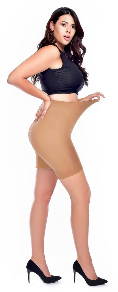 Pamela Mann Anti-Chafing Shorts - Nude beige soft matte opaque knee length biker short tights to prevent thigh rubbing or cub rub.