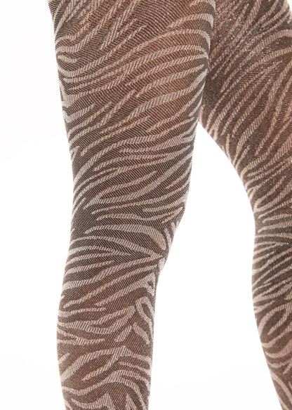 Pamela Mann Zebra Lurex Tights - Silver lamí© fashion tights with a woven zebra pattern and plain black boxer brief top.