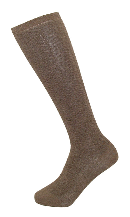 Silvia Grandi Baby Gambaletto - Soft brown beige cotton knee-high socks with a small ribbed cable knit style pattern, plain sole, flat toe seams, shaped heel and a red heart on the ball of the foot.