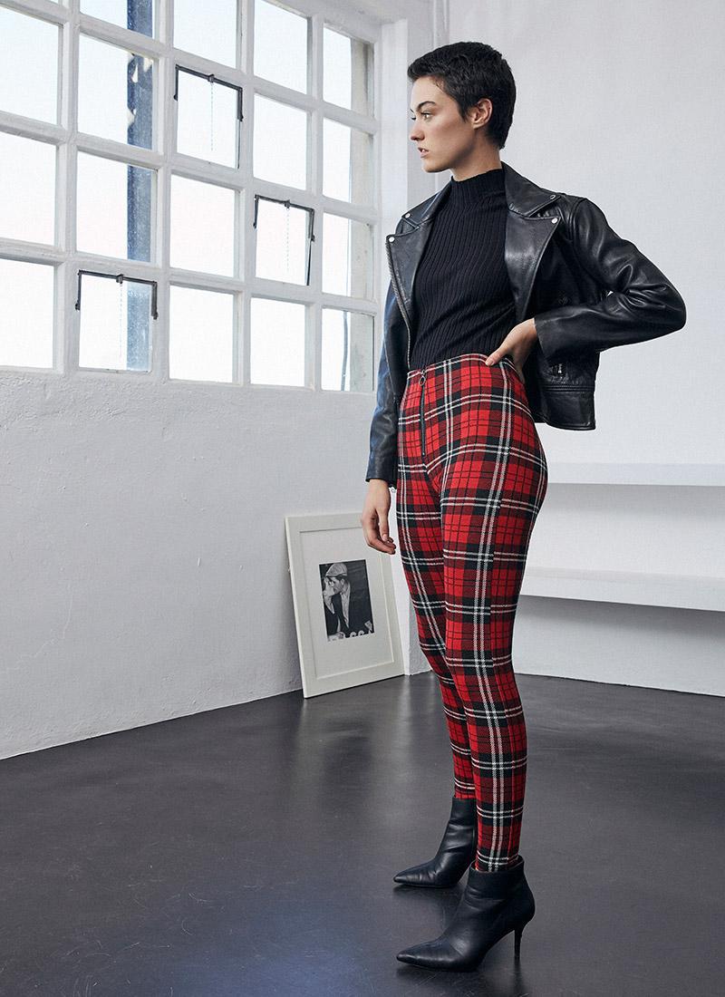 Ysabel Mora 70257 Tartan Treggings - Skinny classic red tartan stretch trouser leggings with high waist and front zip.