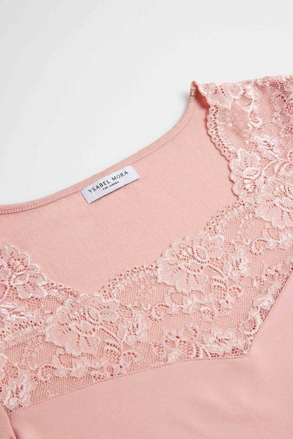 Ysabel Mora 70005 Thermal Lace Top - Pale rose pink soft and warm fleece lined long sleeved vest with floral lace trim and cuffs.