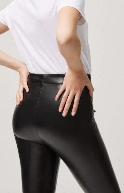 Ysabel Mora 70163 Faux Leather Leggings - Black high rise leather look fleece lined thermal leggings with centre seam down the front of the legs, 2 zips on one side and 1 on the other and darts at the back to ensure a snug fit.